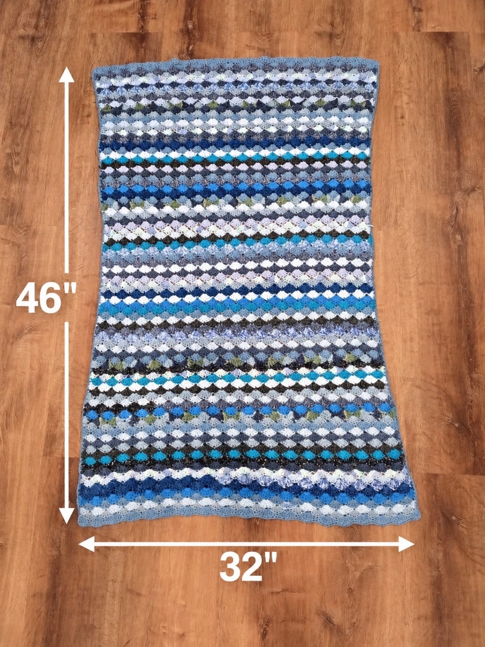 Handmade Crochet Throw Blanket Blue Gray White Multicolor 32” x 46”